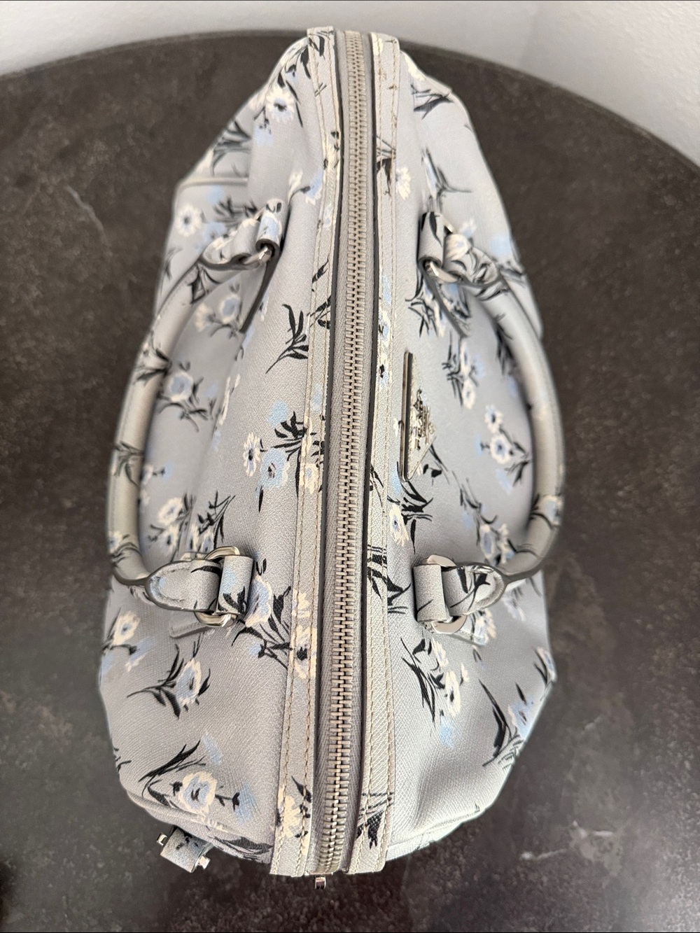 Prada Gray Floral Saffiano Leather Satchel with Strap - Pre-Loved - Picture 5 of 16
